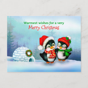 Cartão Postal De Festividades Feliz Natal Pinguins e Igloo na Neve