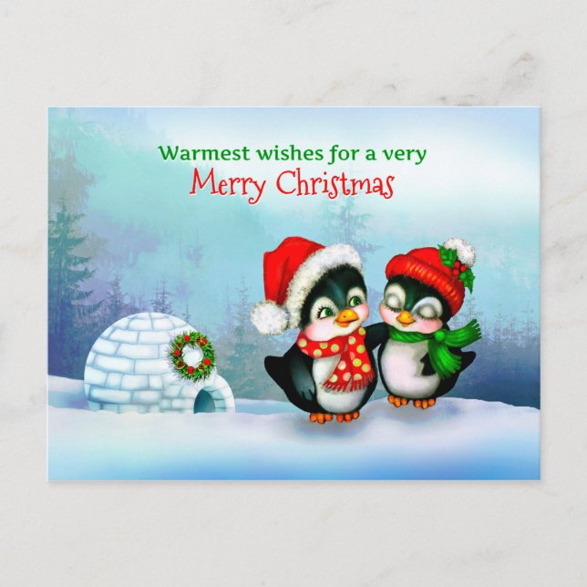 Cartão Postal De Festividades Feliz Natal Pinguins e Igloo na Neve (Frente)
