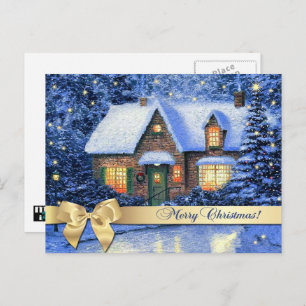 Cartão Postal De Festividades Feliz Natal. Pintura da cena da vila de neve