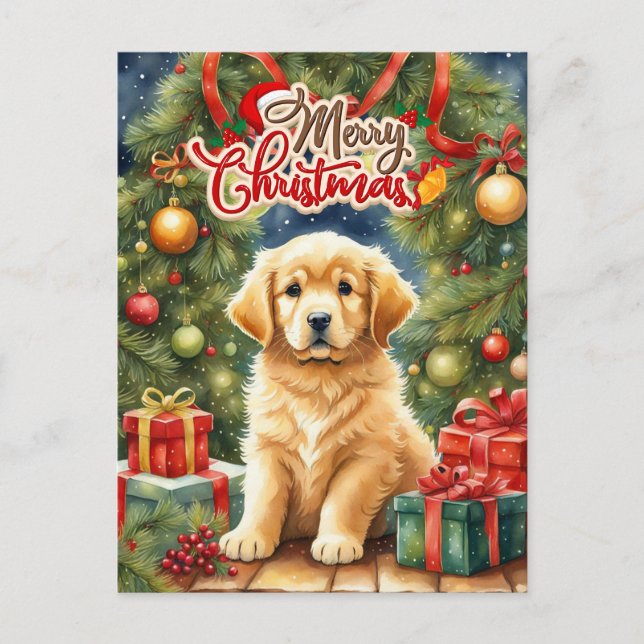 Cartão Postal De Festividades Feliz Natal Puppy e Árvore de Natal (Frente)
