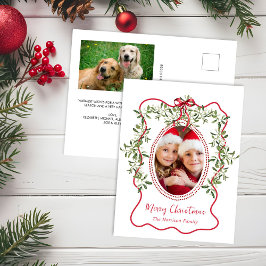 Cartão Postal De Festividades Feliz Natal Quadro Ondulado Vermelho com Folhagem