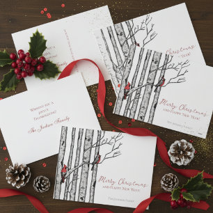 Cartão Postal De Festividades Feliz Natal Red Cardinals em Birch Branch