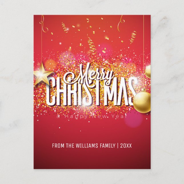 Cartão Postal De Festividades Feliz Natal Red Dourado Foto Moderna do Glitter St (Frente)