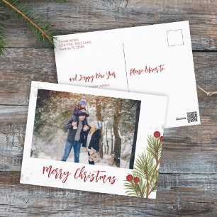 Cartão Postal De Festividades Feliz Natal Red Holly Berries 1 Foto