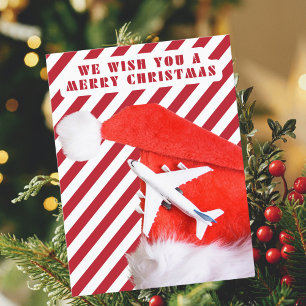 Cartão Postal De Festividades Feliz Natal Red Santa Hat e Avião,Stripes