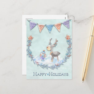 Cartão Postal De Festividades Feliz Natal Rena Rena Coroa Cena de Neve