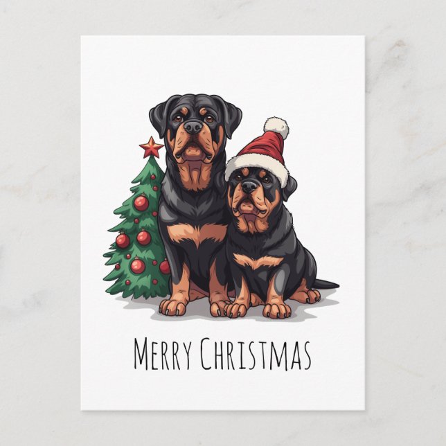 Cartão Postal De Festividades Feliz Natal Rottweiler Cachorro Árvore de Natal (Frente)