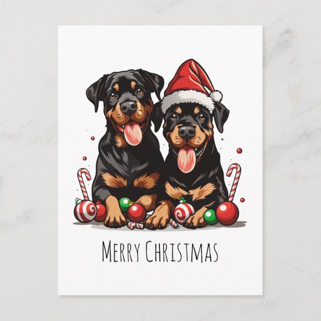 Cartão Postal De Festividades Feliz Natal Rottweiler Papais noeis (Frente)