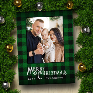 Cartão Postal De Festividades Feliz Natal, Rustic Green Buffalo Foto de Xadrez