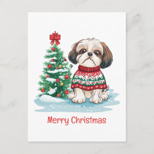 Cartão Postal De Festividades Feliz Natal Shih Tzu Papai Noel Cachorro