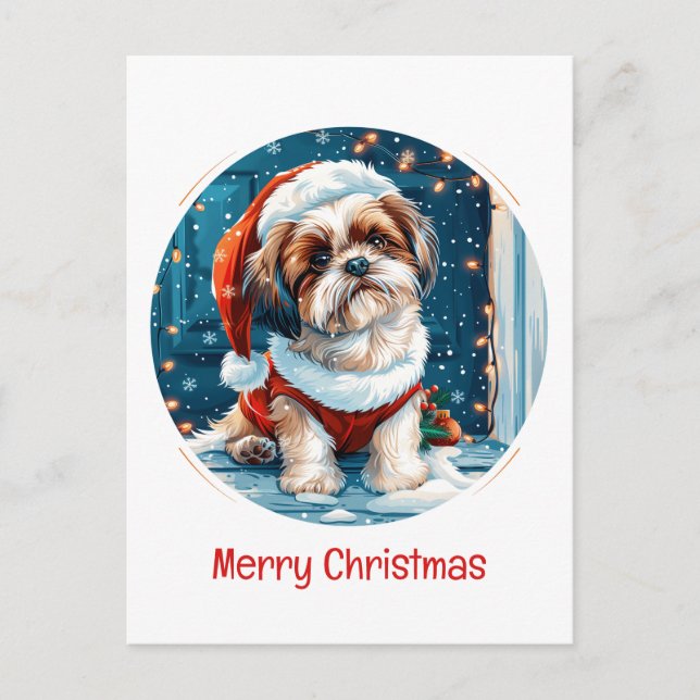 Cartão Postal De Festividades Feliz Natal Shih Tzu Papai noel Cão (Frente)