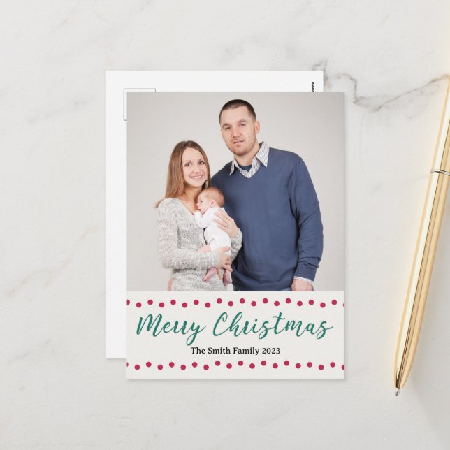 Cartão Postal De Festividades Feliz Natal, Simples, Vermelho e Verde Foto Person (Frente/Verso In Situ)