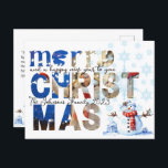 Cartão Postal De Festividades Feliz Natal Snowman Snowflake Winter<br><div class="desc">É melhor se lembrarem de Jesus e do dom das salvações deste Natal. Feliz Natal Snowman Snowflake Winter Holiday Postcard retrata um bonitinho bonitinho bonitinho bonitão com flocos de neve e Feliz Natal com uma fotografia que pode substituir com a sua. Apresenta o Verso Bíblia no verso: Atua 20:35 "Em...</div>