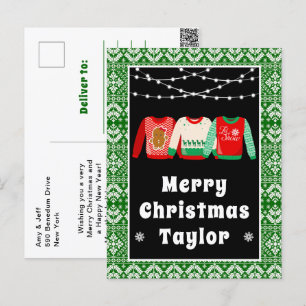 Cartão Postal De Festividades Feliz Natal Suéteres Feios Verdes com Nome