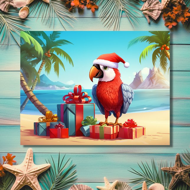 Cartão Postal De Festividades Feliz Natal Tropical de Praia Tropical de Papagaio (Front - Cute Santa Parrot Tropical Beach Christmas Holiday Postcard)