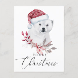 Cartão Postal De Festividades Feliz Natal. Urso polar de férias com aquarelas