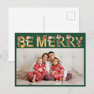 Cartão Postal De Festividades Feliz Natal Verde Letras Douradas Foto da Família