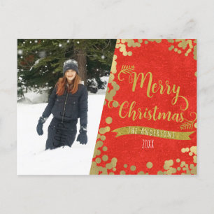 Cartão Postal De Festividades Feliz Natal Vermelho e Dourado Feriado de Fotos Mo