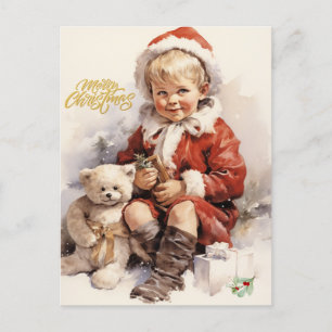 Cartão Postal De Festividades Feliz Natal Vintage Child com Teddy Bear