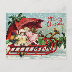 Cartão Postal De Festividades Feliz Natal Vintage Crianças em Papais noeis Sleig