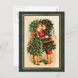 Cartão Postal De Festividades Feliz Natal. Vintage Kissing Kids