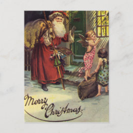 Cartão Postal De Festividades Feliz Natal, vintage, papai noel com anjos