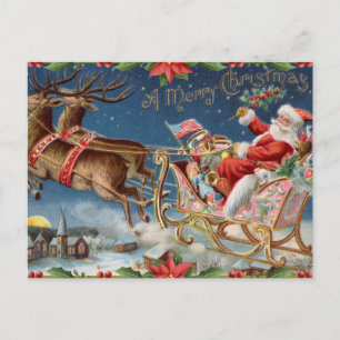 Cartão Postal De Festividades Feliz Natal Vintage Papai Noel em Sleigh