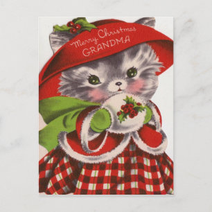Cartão Postal De Festividades Feliz Natal Vovó Gatinho Vintage