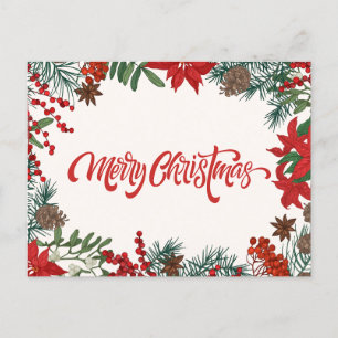 Cartão Postal De Festividades Feliz Natal Watercolor Berries, Poinsettia