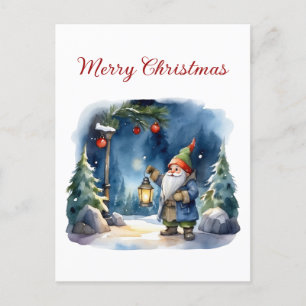 Cartão Postal De Festividades Feliz Natal Watercolor Gnomo