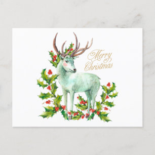 Cartão Postal De Festividades Feliz Natal Woodland Deer e Holly Berry