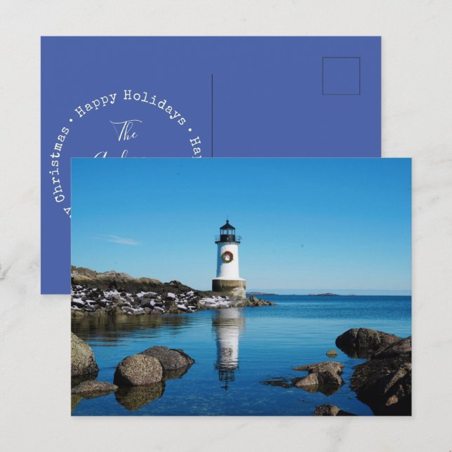 Cartão Postal De Festividades Feliz Natal Wreath Salem Lighthouse (Frente/Verso)