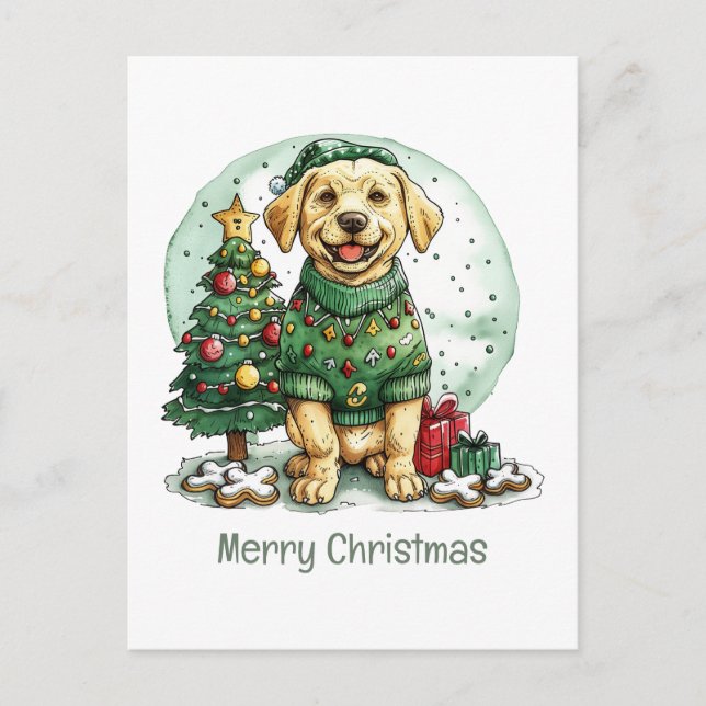 Cartão Postal De Festividades Feliz Natal Yellow Labrador Retriever Dog (Frente)