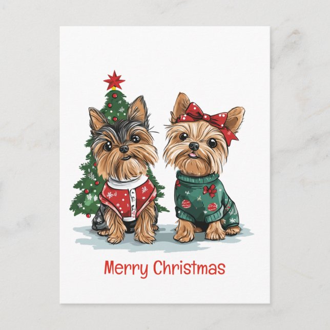 Cartão Postal De Festividades Feliz Natal Yorkie Dogs (Frente)