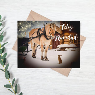 Cartão Postal De Festividades Feliz Navidad, fazenda noturna de Natal com cavalo