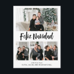 Cartão Postal De Festividades Feliz Navidad| Grelha multifoto em preto-e-branco<br><div class="desc">Este cartão postal de Natal,  simples e na moda,  preto e branco,  diz "Feliz Navidad" em espanhol,  na tipografia moderna de escrita manual,  e há espaço para adicionar quatro de suas fotos pessoais favoritas.</div>