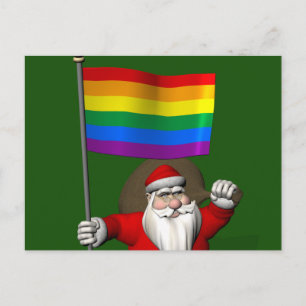 Cartão Postal De Festividades Feliz Pai Natal Veste Bandeira do Arco-Íris