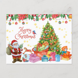 Cartão Postal De Festividades Feliz Papai noel de Natal com presentes e árvore d