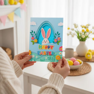 Cartão Postal De Festividades Feliz Páscoa Coelho da Páscoa e Floral Caprichos