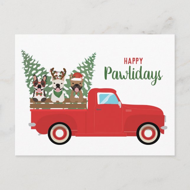 Cartão Postal De Festividades Feliz Pawlidays Franceses Buldogue Caminhão Vermel (Frente)