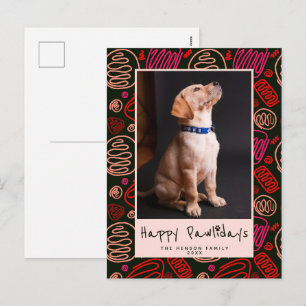 Cartão Postal De Festividades Feliz Pawlidays Vermelho Um Padrão de Linha Cachor