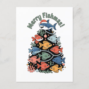 Cartão Postal De Festividades Feliz Peixes Árvores de Natal Engraçados Pesca