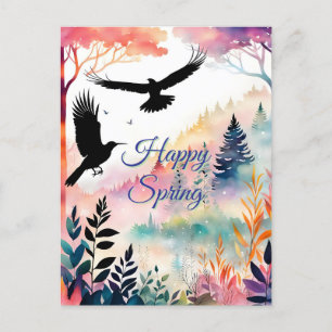 Cartão Postal De Festividades Feliz Primavera Crows em uma Floresta Colorida Pac