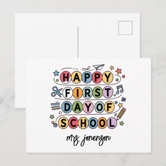 Cartão Postal De Festividades Feliz Primeiro Dia da Escola Nome Personalizado (Frente/Verso)