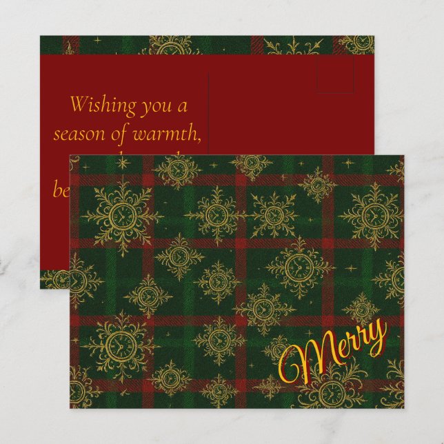 Cartão Postal De Festividades Feliz Steampunk Snowflake Red e Green Tartan (Frente/Verso)