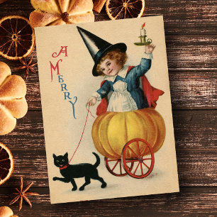 Cartão Postal De Festividades Feliz Vintage Feiticeira de Halloween Com Gato