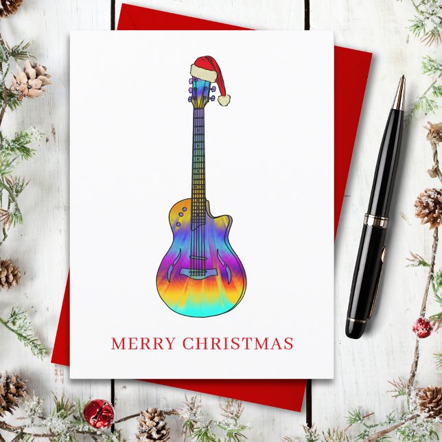 Cartão Postal De Festividades Feliz Violão de Natal Colorida (Christmas guitar wearing a santa hat holiday greetings postcard )
