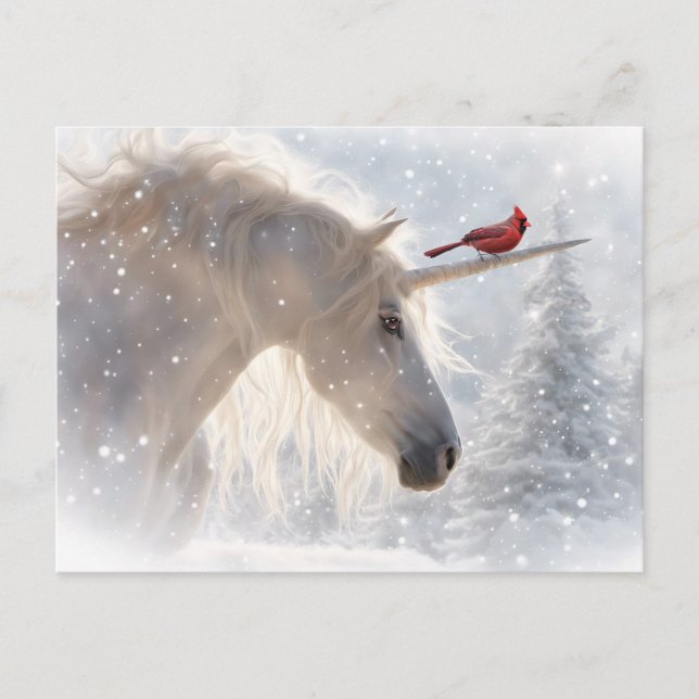 Cartão Postal De Festividades Feliz Yule Unicorn e Cardeal (Frente)