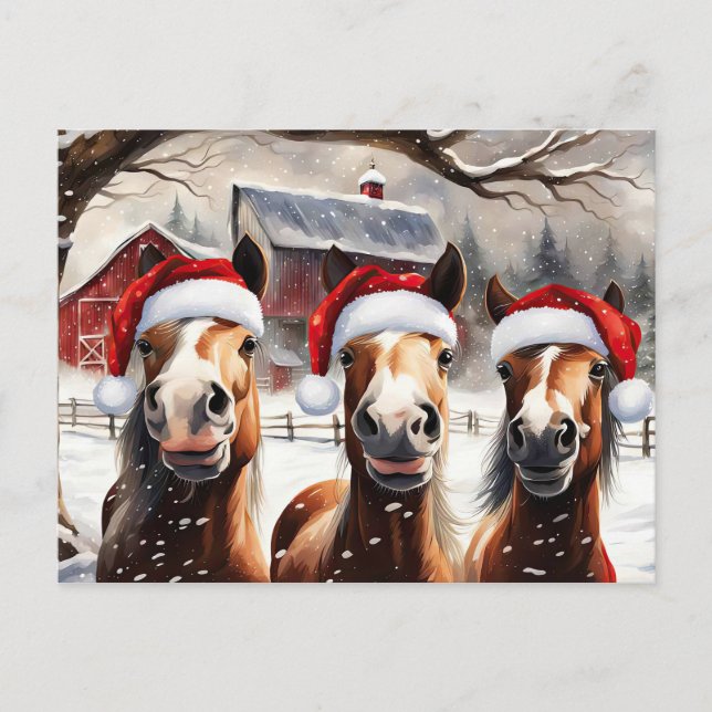 Cartão Postal De Festividades Felizes Feriados Cavalos Frescos Santa Hat (Frente)