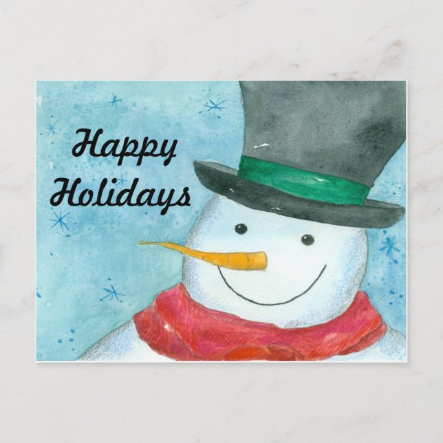 Cartão Postal De Festividades Felizes Feriados de Arte por Aquarelas Snowman (Frente)